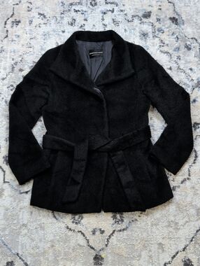 Strawberry Fields Women’s M Black Wool Alpaca Belted Winter Coat Mid Length